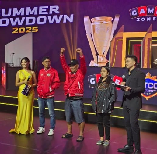 The three winners of the 2025 GameZone Tablegame Champions Cup Summer Showdown: Ryan Dacalos (second to the left), Tatay Benigno Casayuran (center), and Cesha Myed Tupas (second from the right).
